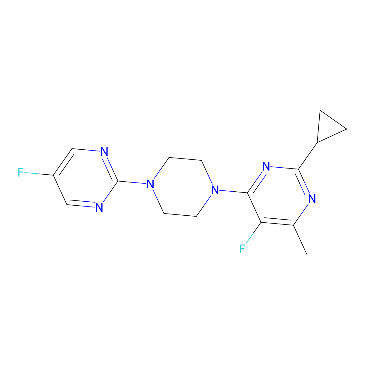 2-Cyclopropyl-5-fluoro-4-[4-(5-fluoropyrimidin-2-yl)piperazin-1-yl]-6-methylpyrimidine molecular structure, CAS 2640897-45-4