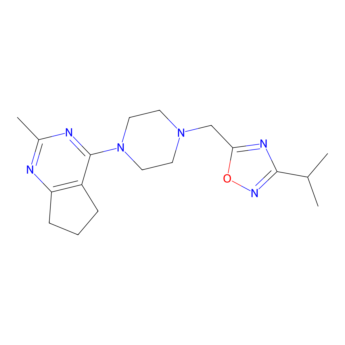 1-{2-methyl-5H,6H,7H-cyclopenta[d]pyrimidin-4-yl}-4-{[3-(propan-2-yl)-1,2,4-oxadiazol-5-yl]methyl}piperazine molecular structure, CAS 2640897-49-8