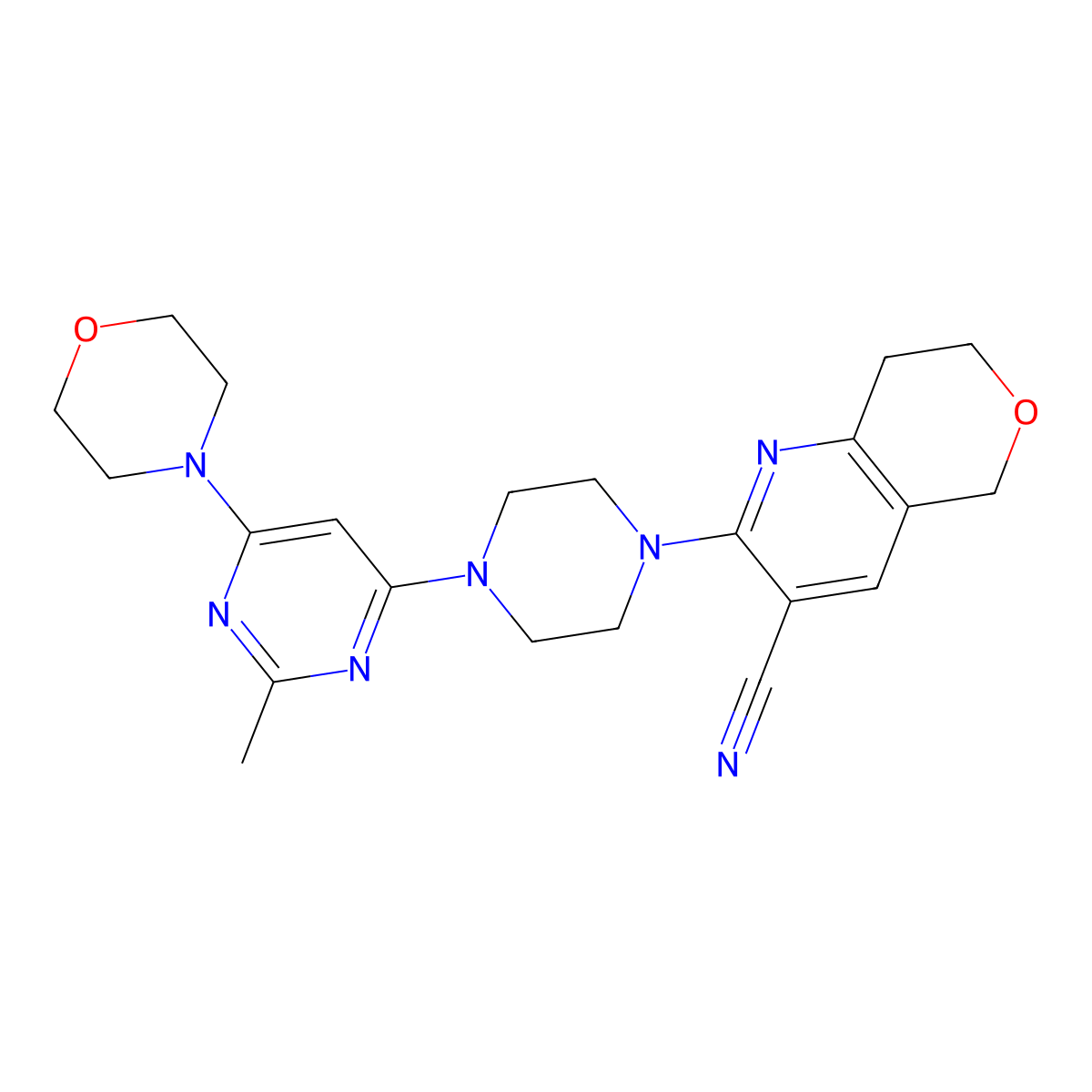 2-{4-[2-methyl-6-(morpholin-4-yl)pyrimidin-4-yl]piperazin-1-yl}-5H,7H,8H-pyrano[4,3-b]pyridine-3-carbonitrile molecular structure, CAS 2640897-55-6