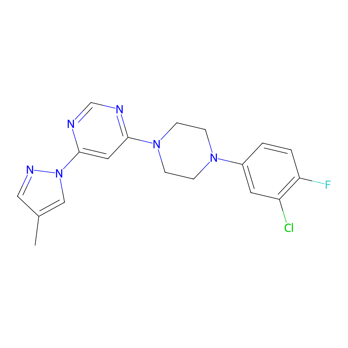 4-[4-(3-chloro-4-fluorophenyl)piperazin-1-yl]-6-(4-methyl-1H-pyrazol-1-yl)pyrimidine molecular structure, CAS 2640897-57-8