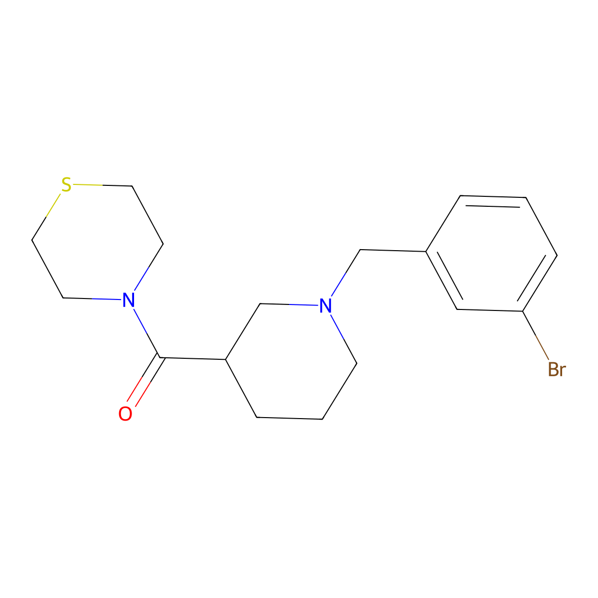 4-{1-[(3-Bromophenyl)methyl]piperidine-3-carbonyl}thiomorpholine molecular structure, CAS 2640897-66-9