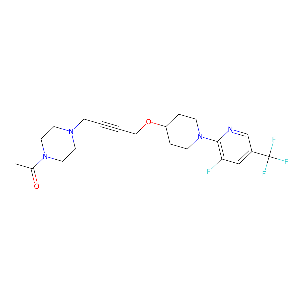 1-{4-[4-({1-[3-Fluoro-5-(trifluoromethyl)pyridin-2-yl]piperidin-4-yl}oxy)but-2-yn-1-yl]piperazin-1-yl}ethan-1-one molecular structure, CAS 2640897-67-0
