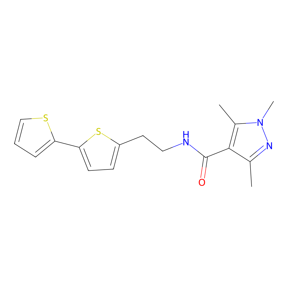 N-(2-{[2,2'-bithiophene]-5-yl}ethyl)-1,3,5-trimethyl-1H-pyrazole-4-carboxamide molecular structure, CAS 2640897-69-2