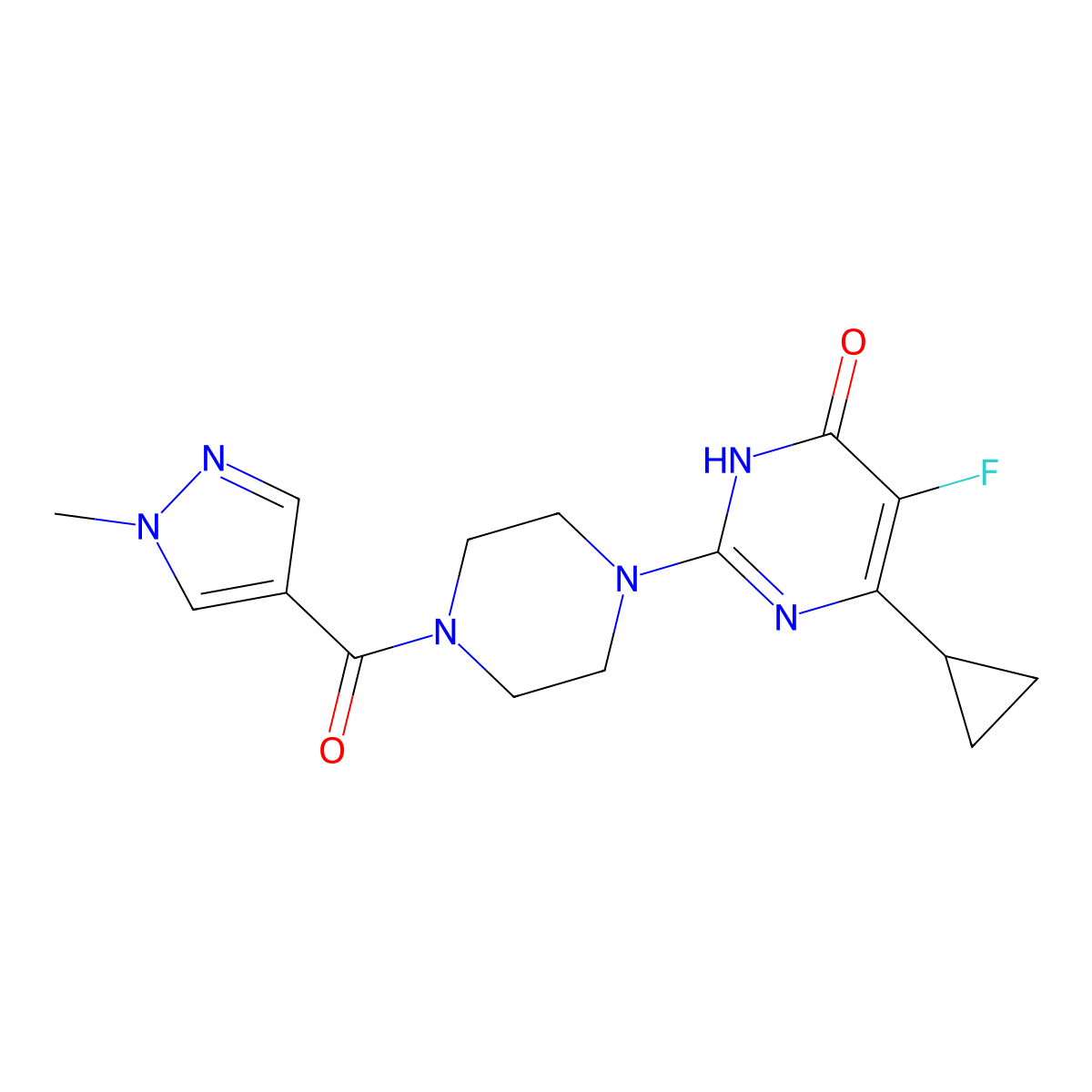 6-cyclopropyl-5-fluoro-2-[4-(1-methyl-1H-pyrazole-4-carbonyl)piperazin-1-yl]-3,4-dihydropyrimidin-4-one molecular structure, CAS 2640897-71-6