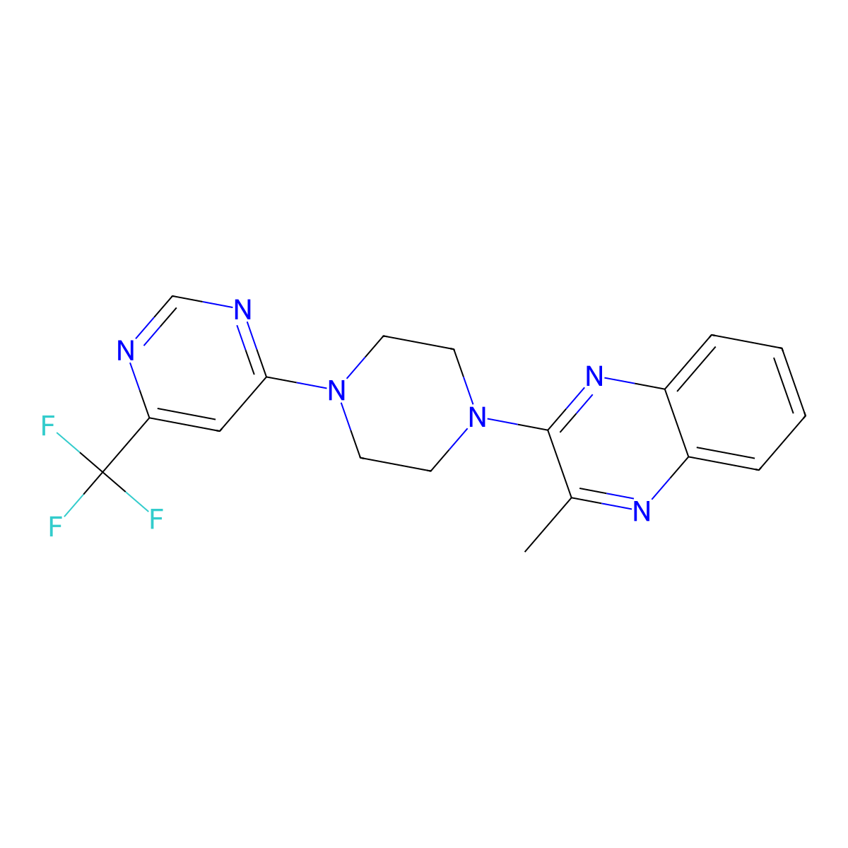 2-Methyl-3-{4-[6-(trifluoromethyl)pyrimidin-4-yl]piperazin-1-yl}quinoxaline molecular structure, CAS 2640897-73-8