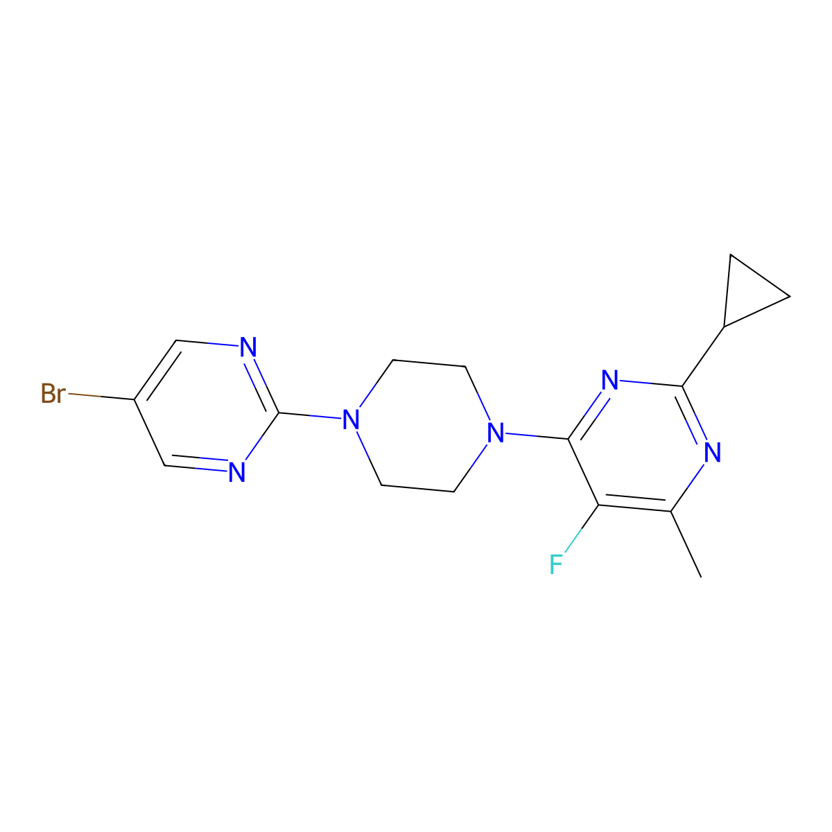 4-[4-(5-Bromopyrimidin-2-yl)piperazin-1-yl]-2-cyclopropyl-5-fluoro-6-methylpyrimidine molecular structure, CAS 2640897-75-0