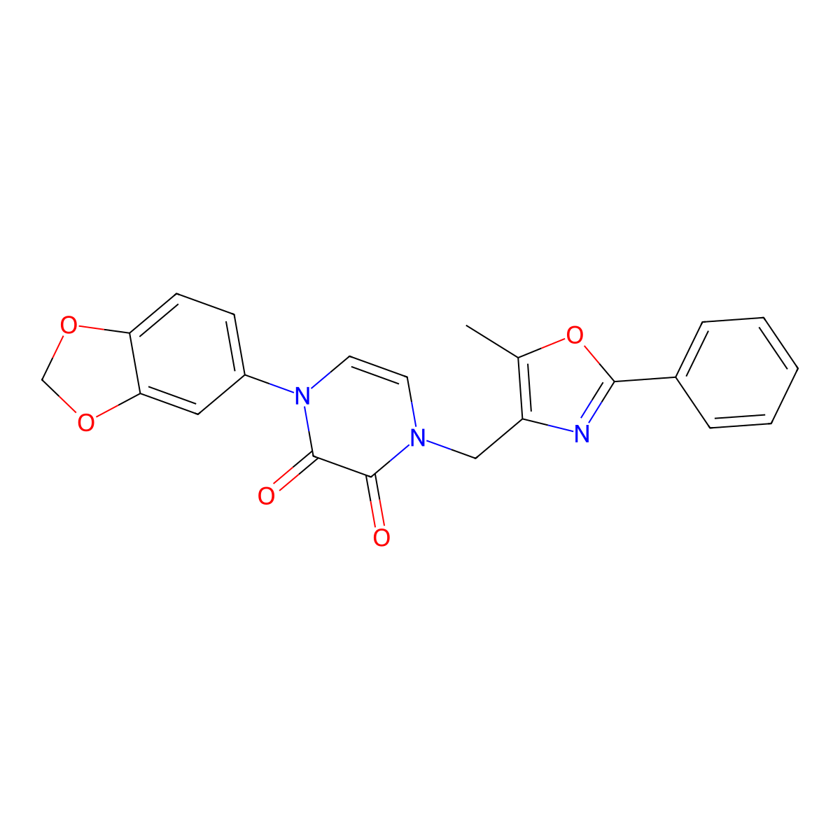 1-(2H-1,3-benzodioxol-5-yl)-4-[(5-methyl-2-phenyl-1,3-oxazol-4-yl)methyl]-1,2,3,4-tetrahydropyrazine-2,3-dione molecular structure, CAS 2640897-77-2