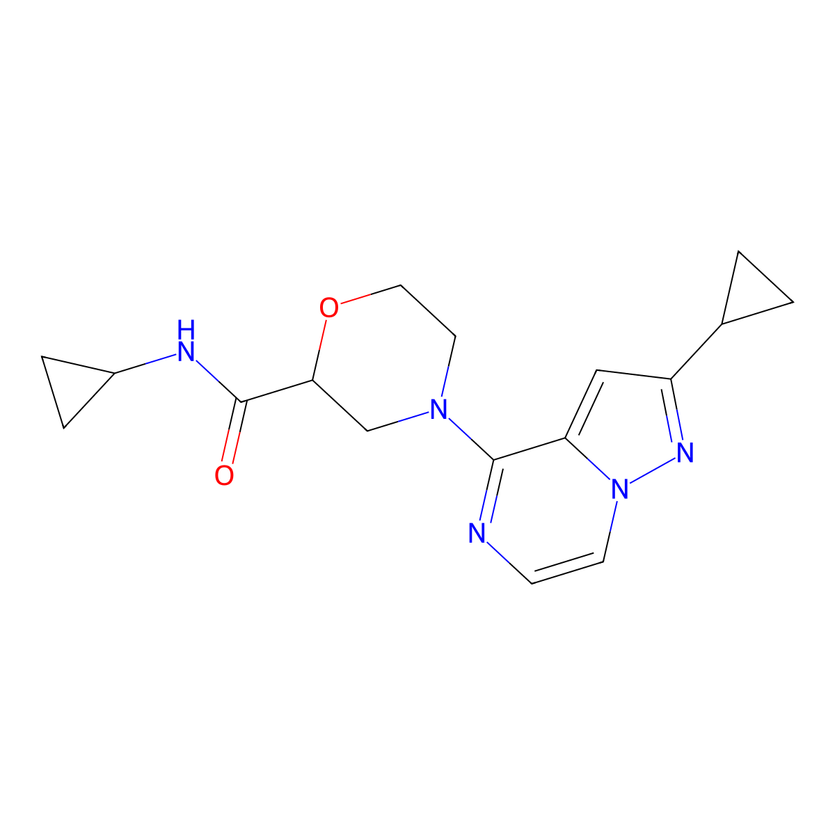 N-cyclopropyl-4-{2-cyclopropylpyrazolo[1,5-a]pyrazin-4-yl}morpholine-2-carboxamide molecular structure, CAS 2640897-83-0