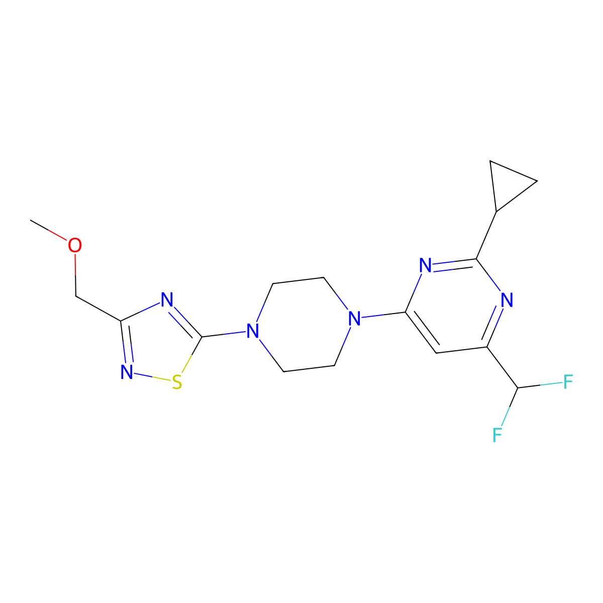 2-Cyclopropyl-4-(difluoromethyl)-6-{4-[3-(methoxymethyl)-1,2,4-thiadiazol-5-yl]piperazin-1-yl}pyrimidine molecular structure, CAS 2640897-91-0