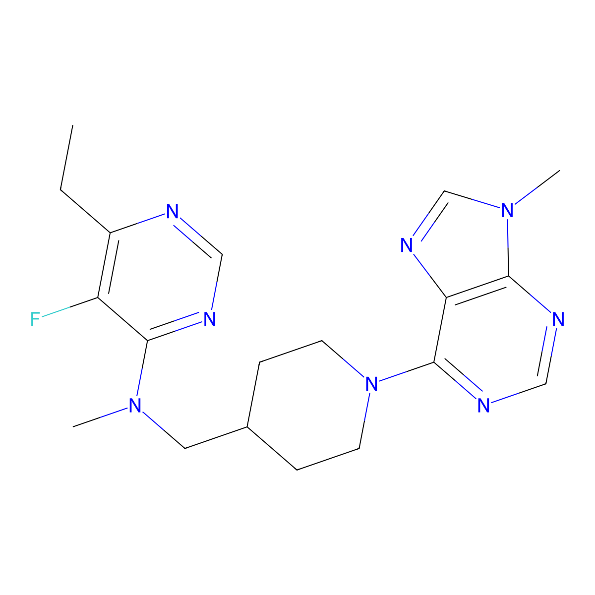 6-ethyl-5-fluoro-N-methyl-N-{[1-(9-methyl-9H-purin-6-yl)piperidin-4-yl]methyl}pyrimidin-4-amine molecular structure, CAS 2640897-92-1