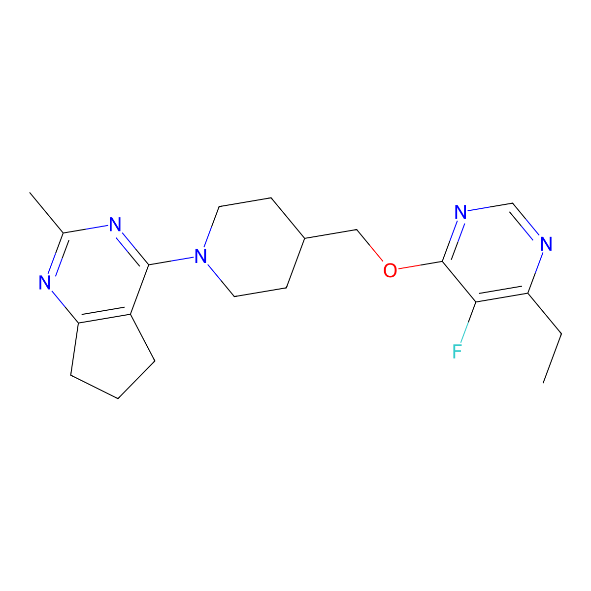 4-ethyl-5-fluoro-6-[(1-{2-methyl-5H,6H,7H-cyclopenta[d]pyrimidin-4-yl}piperidin-4-yl)methoxy]pyrimidine molecular structure, CAS 2640897-95-4