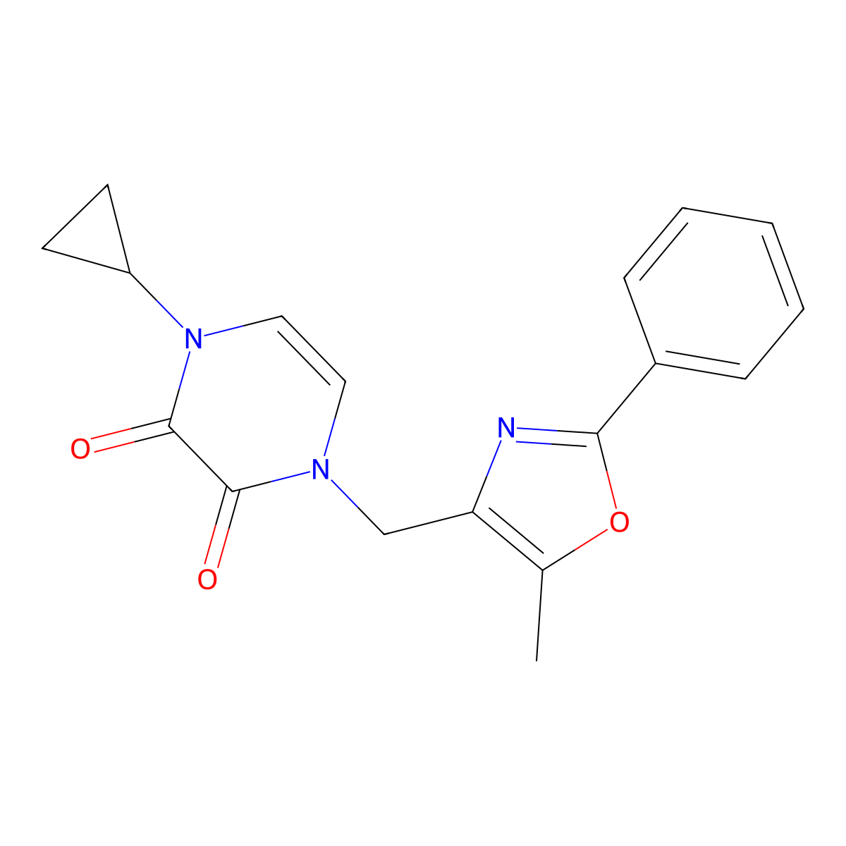 1-Cyclopropyl-4-[(5-methyl-2-phenyl-1,3-oxazol-4-yl)methyl]-1,2,3,4-tetrahydropyrazine-2,3-dione molecular structure, CAS 2640897-97-6