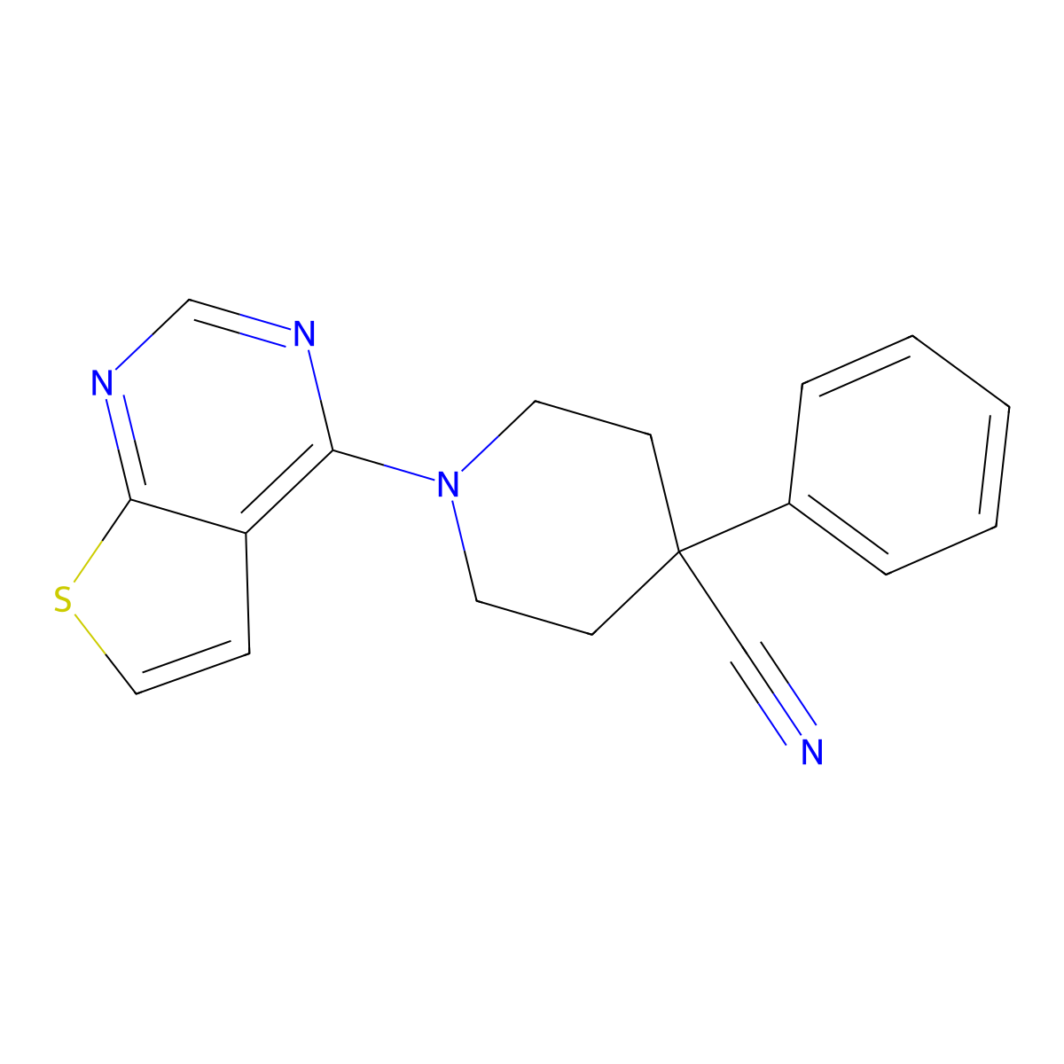 4-Phenyl-1-{thieno[2,3-d]pyrimidin-4-yl}piperidine-4-carbonitrile molecular structure, CAS 2640897-98-7