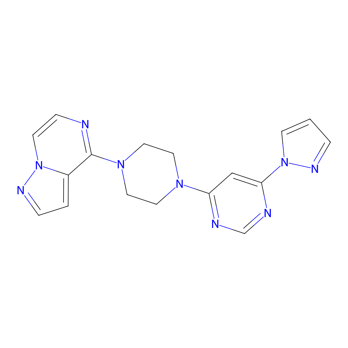 4-(1H-pyrazol-1-yl)-6-(4-{pyrazolo[1,5-a]pyrazin-4-yl}piperazin-1-yl)pyrimidine molecular structure, CAS 2640898-01-5