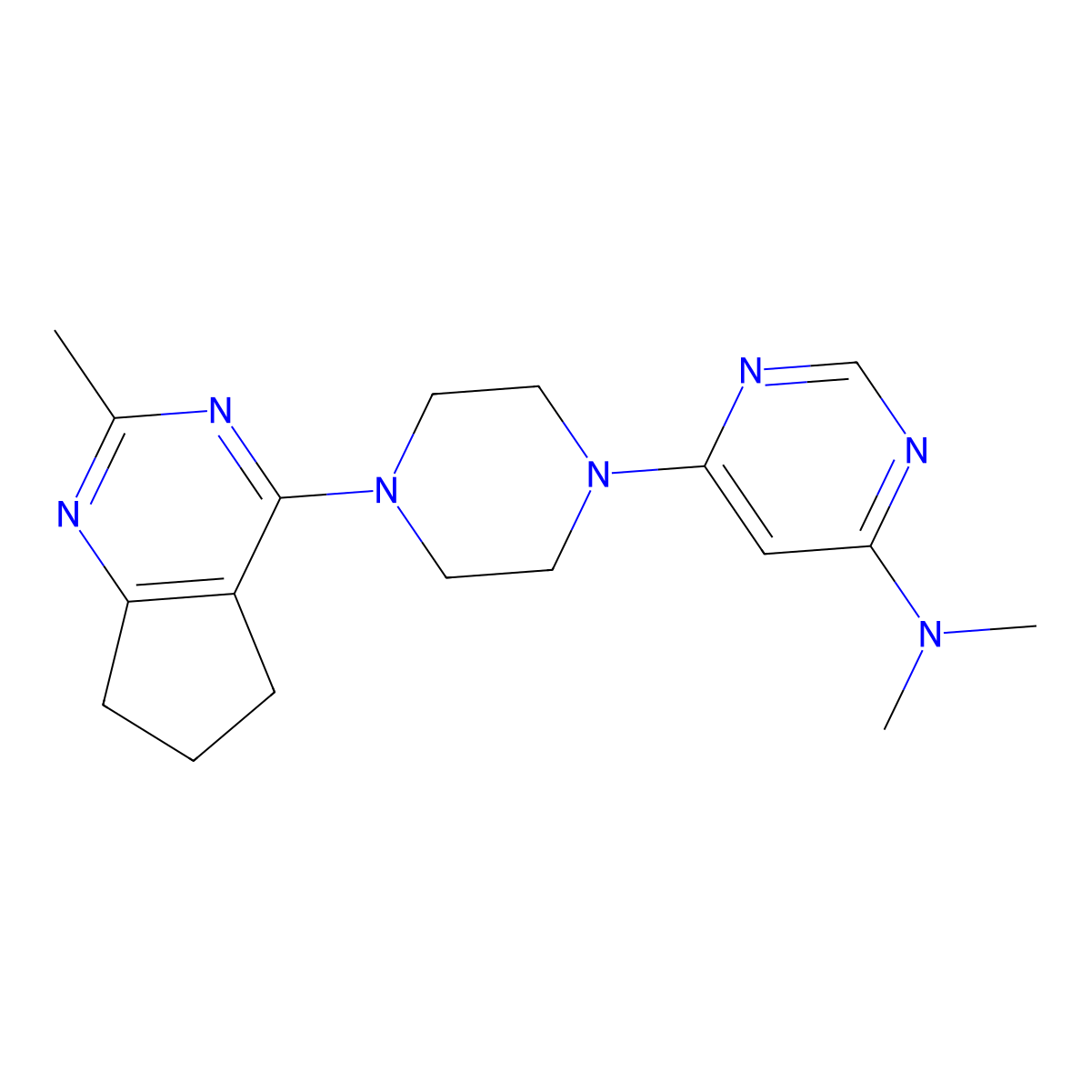N,N-dimethyl-6-(4-{2-methyl-5H,6H,7H-cyclopenta[d]pyrimidin-4-yl}piperazin-1-yl)pyrimidin-4-amine molecular structure, CAS 2640898-03-7
