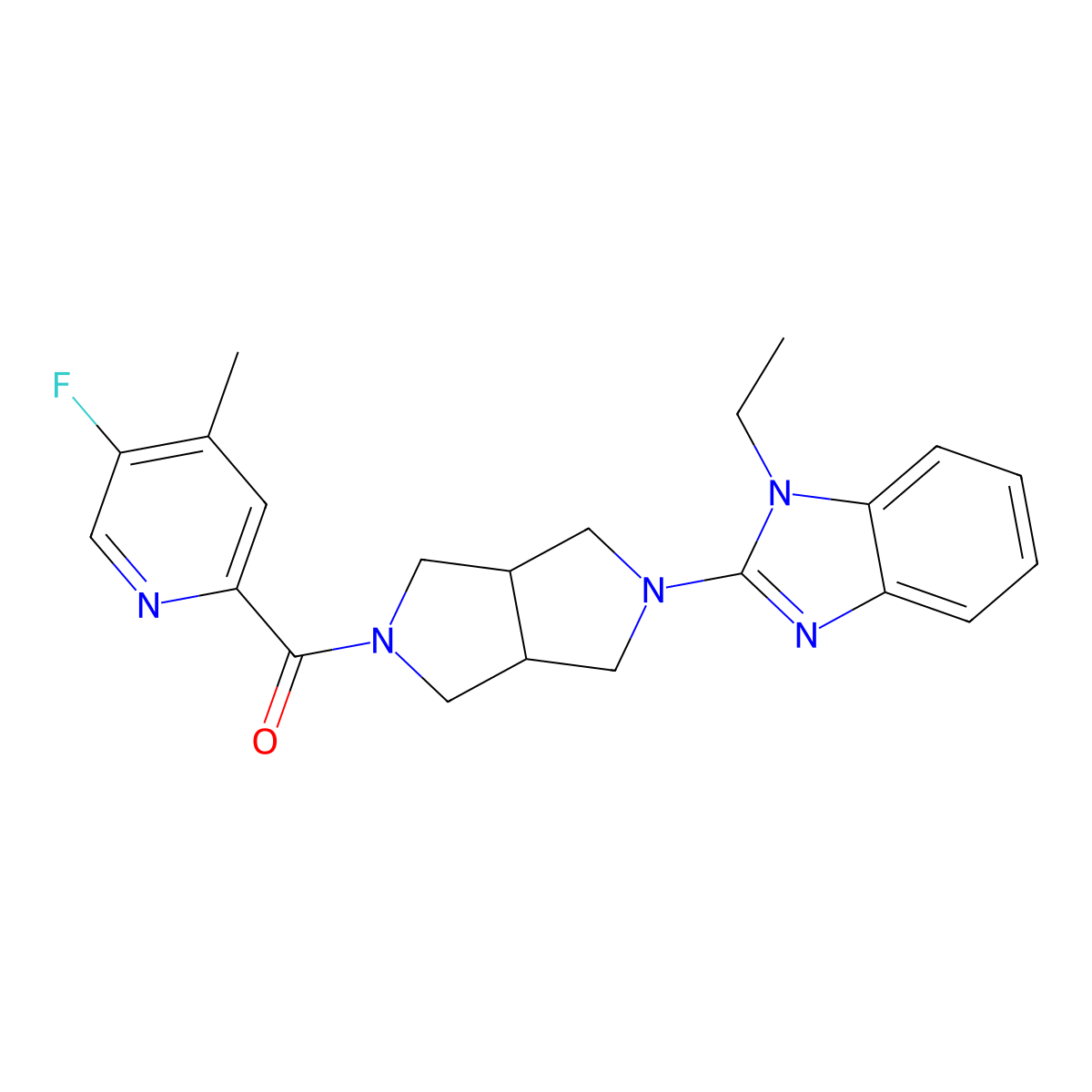 1-ethyl-2-[5-(5-fluoro-4-methylpyridine-2-carbonyl)-octahydropyrrolo[3,4-c]pyrrol-2-yl]-1H-1,3-benzodiazole molecular structure, CAS 2640898-06-0