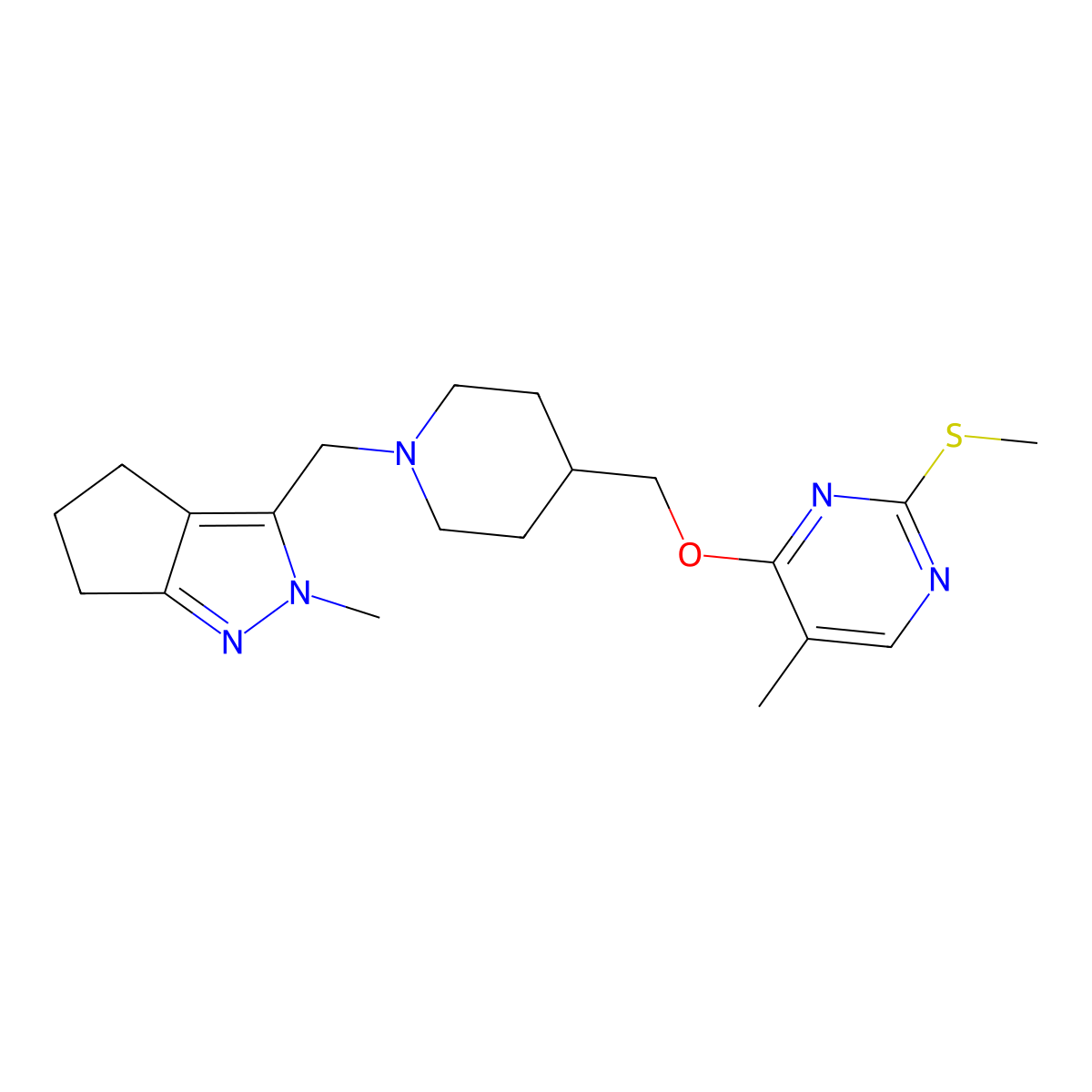 5-methyl-4-{[1-({2-methyl-2H,4H,5H,6H-cyclopenta[c]pyrazol-3-yl}methyl)piperidin-4-yl]methoxy}-2-(methylsulfanyl)pyrimidine molecular structure, CAS 2640898-09-3