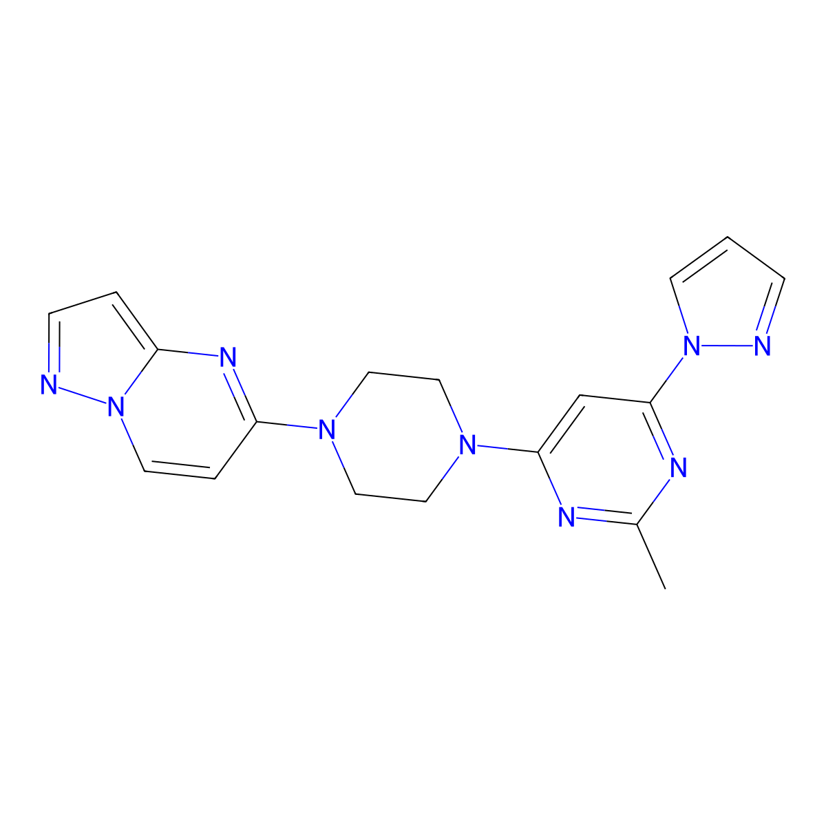 2-methyl-4-(1H-pyrazol-1-yl)-6-(4-{pyrazolo[1,5-a]pyrimidin-5-yl}piperazin-1-yl)pyrimidine molecular structure, CAS 2640898-10-6