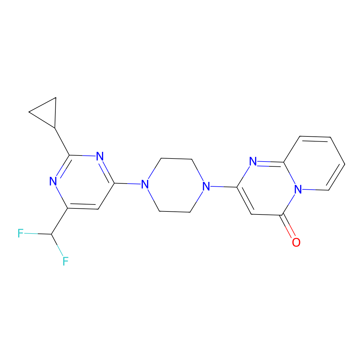2-{4-[2-cyclopropyl-6-(difluoromethyl)pyrimidin-4-yl]piperazin-1-yl}-4H-pyrido[1,2-a]pyrimidin-4-one molecular structure, CAS 2640898-14-0