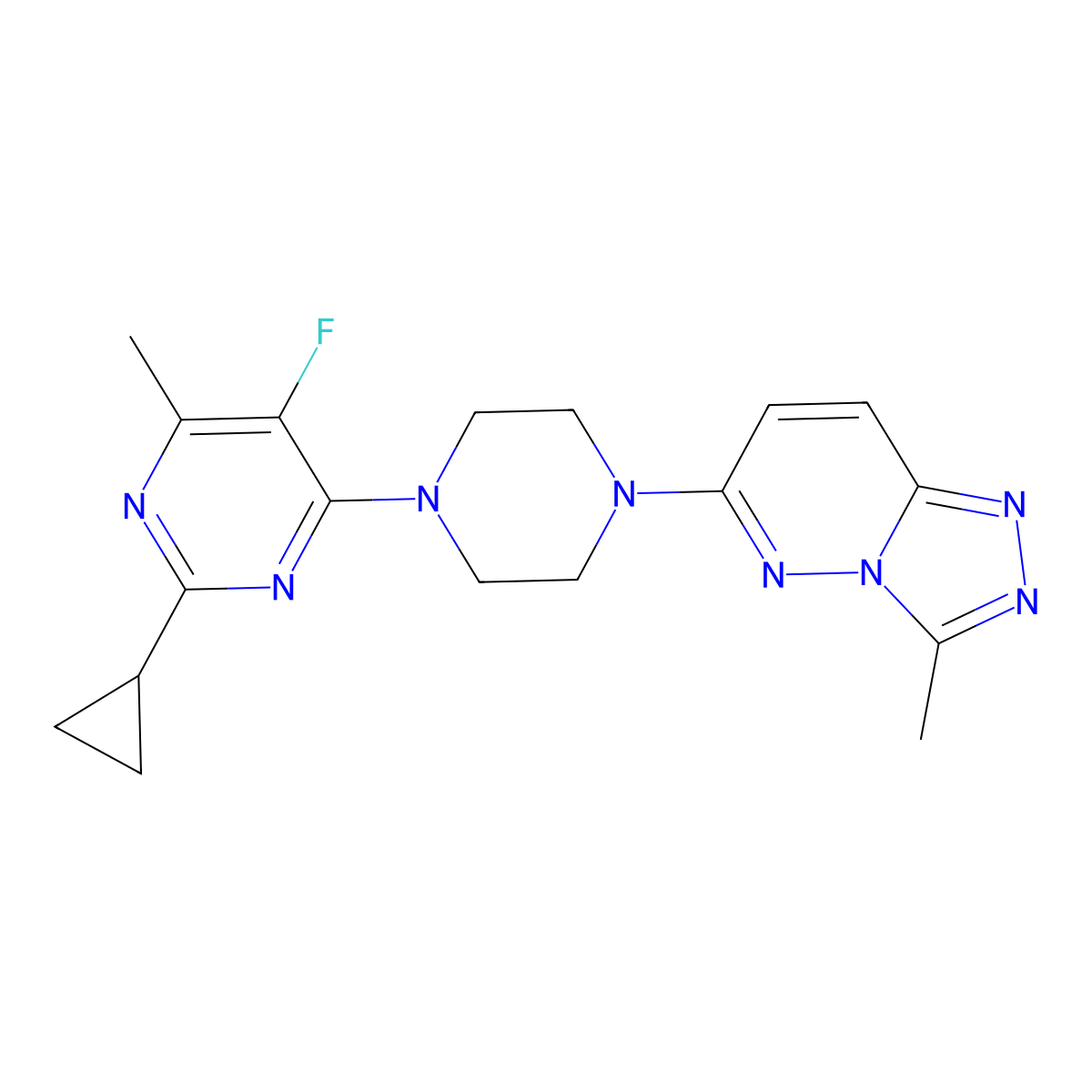 2-Cyclopropyl-5-fluoro-4-methyl-6-(4-{3-methyl-[1,2,4]triazolo[4,3-b]pyridazin-6-yl}piperazin-1-yl)pyrimidine molecular structure, CAS 2640898-15-1