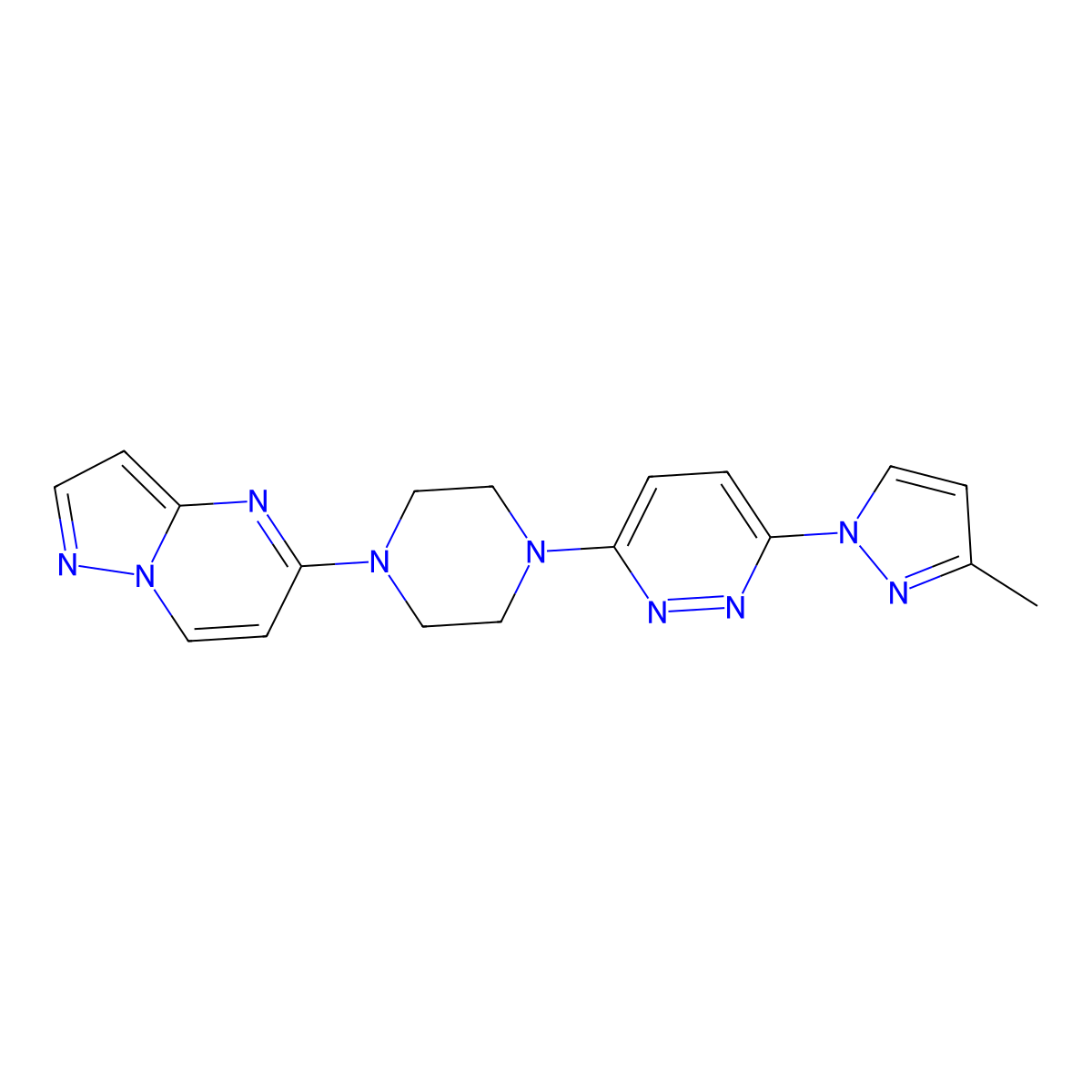 3-(3-methyl-1H-pyrazol-1-yl)-6-(4-{pyrazolo[1,5-a]pyrimidin-5-yl}piperazin-1-yl)pyridazine molecular structure, CAS 2640898-19-5