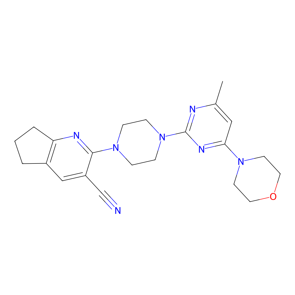 2-{4-[4-methyl-6-(morpholin-4-yl)pyrimidin-2-yl]piperazin-1-yl}-5H,6H,7H-cyclopenta[b]pyridine-3-carbonitrile molecular structure, CAS 2640898-20-8