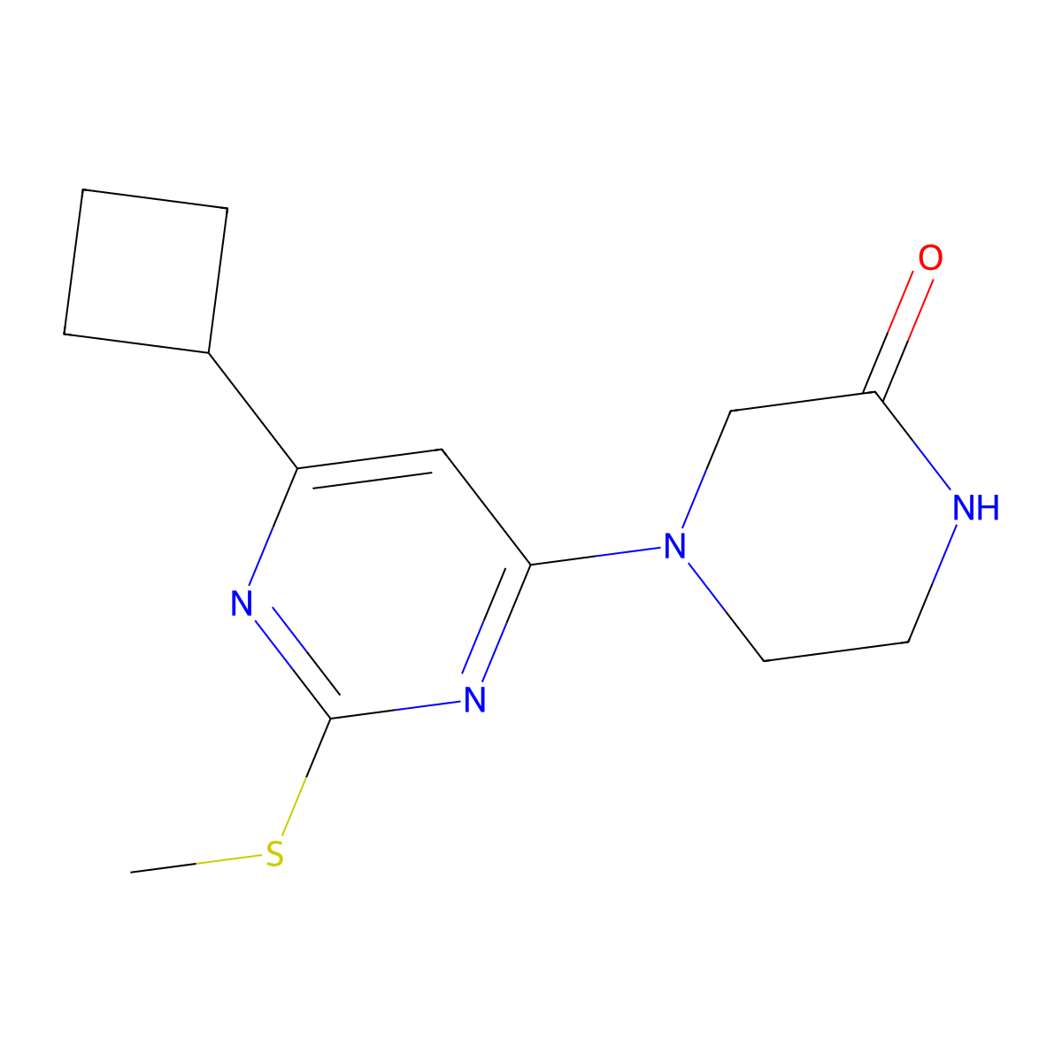4-[6-Cyclobutyl-2-(methylsulfanyl)pyrimidin-4-yl]piperazin-2-one molecular structure, CAS 2640898-21-9
