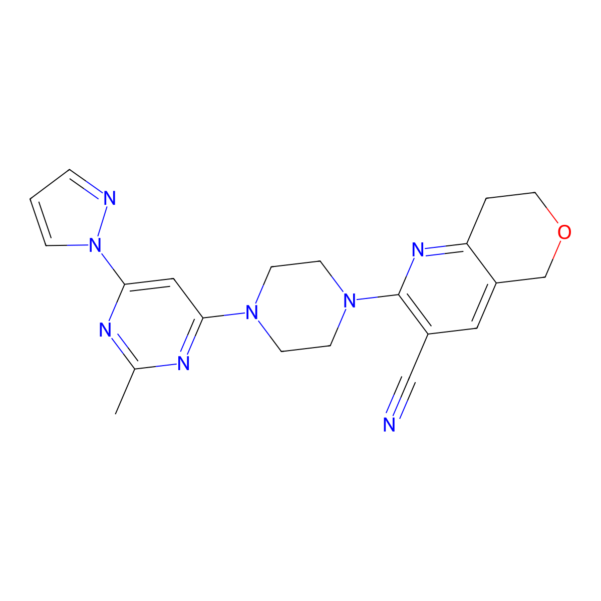 2-{4-[2-methyl-6-(1H-pyrazol-1-yl)pyrimidin-4-yl]piperazin-1-yl}-5H,7H,8H-pyrano[4,3-b]pyridine-3-carbonitrile molecular structure, CAS 2640898-27-5