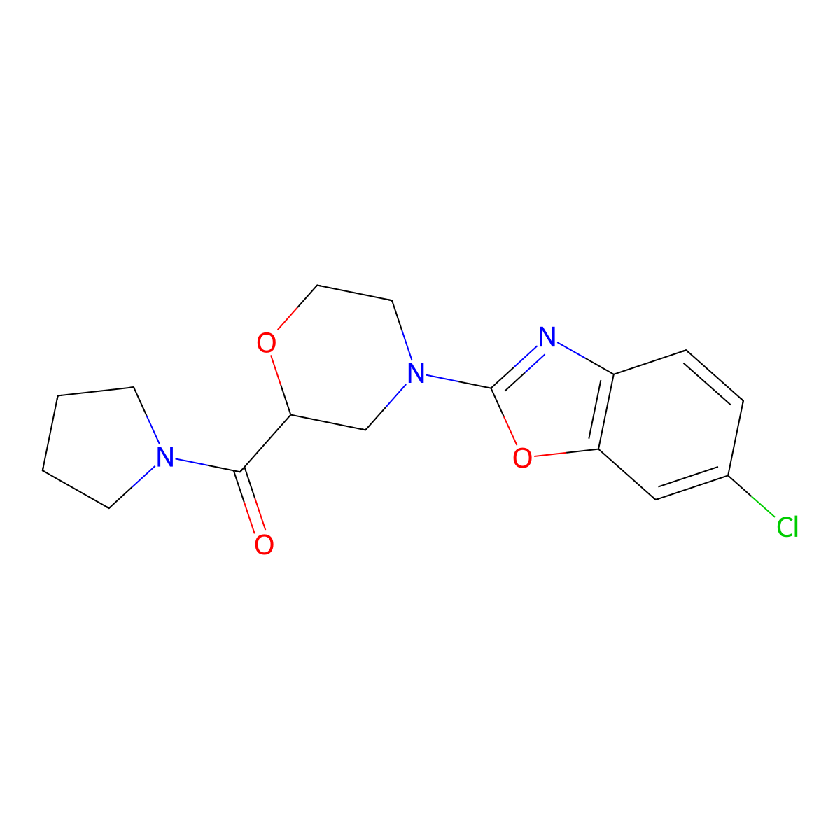6-Chloro-2-[2-(pyrrolidine-1-carbonyl)morpholin-4-yl]-1,3-benzoxazole molecular structure, CAS 2640898-29-7