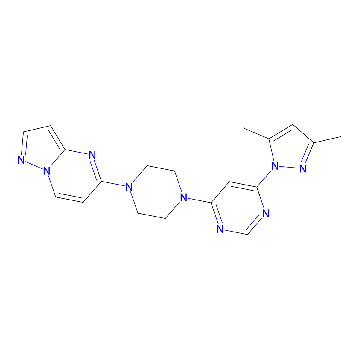 4-(3,5-dimethyl-1H-pyrazol-1-yl)-6-(4-{pyrazolo[1,5-a]pyrimidin-5-yl}piperazin-1-yl)pyrimidine molecular structure, CAS 2640898-30-0