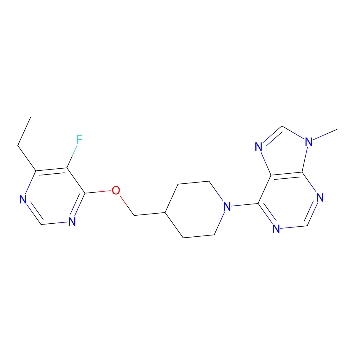 6-(4-{[(6-ethyl-5-fluoropyrimidin-4-yl)oxy]methyl}piperidin-1-yl)-9-methyl-9H-purine molecular structure, CAS 2640898-34-4