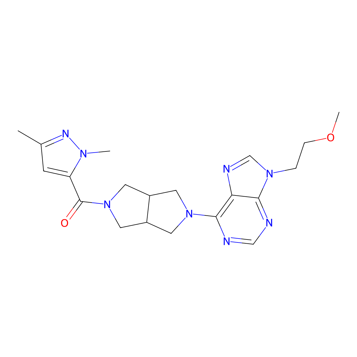 6-[5-(1,3-dimethyl-1H-pyrazole-5-carbonyl)-octahydropyrrolo[3,4-c]pyrrol-2-yl]-9-(2-methoxyethyl)-9H-purine molecular structure, CAS 2640898-36-6