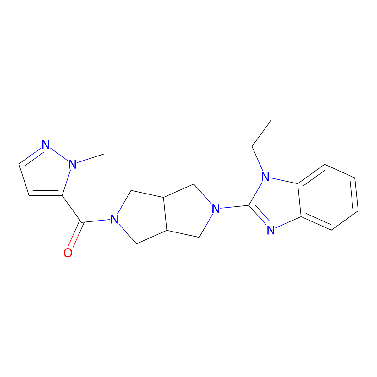1-ethyl-2-[5-(1-methyl-1H-pyrazole-5-carbonyl)-octahydropyrrolo[3,4-c]pyrrol-2-yl]-1H-1,3-benzodiazole molecular structure, CAS 2640898-38-8