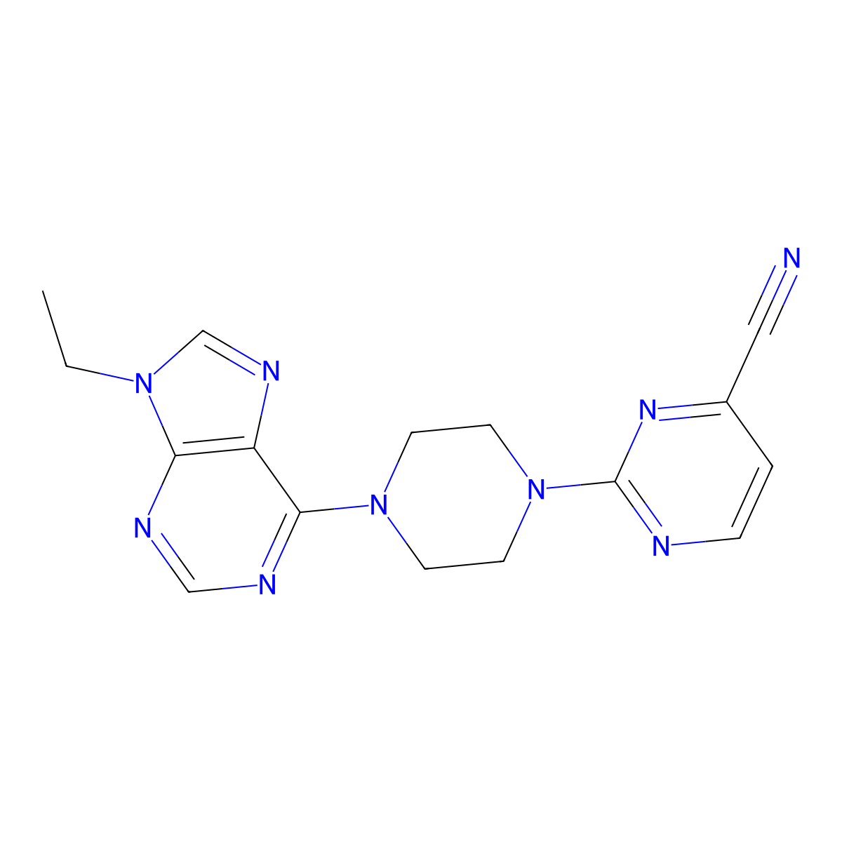 2-[4-(9-ethyl-9H-purin-6-yl)piperazin-1-yl]pyrimidine-4-carbonitrile molecular structure, CAS 2640898-39-9