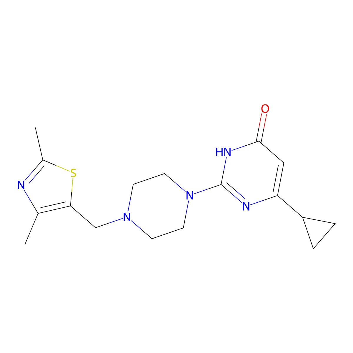 6-Cyclopropyl-2-{4-[(2,4-dimethyl-1,3-thiazol-5-yl)methyl]piperazin-1-yl}-3,4-dihydropyrimidin-4-one molecular structure, CAS 2640898-42-4