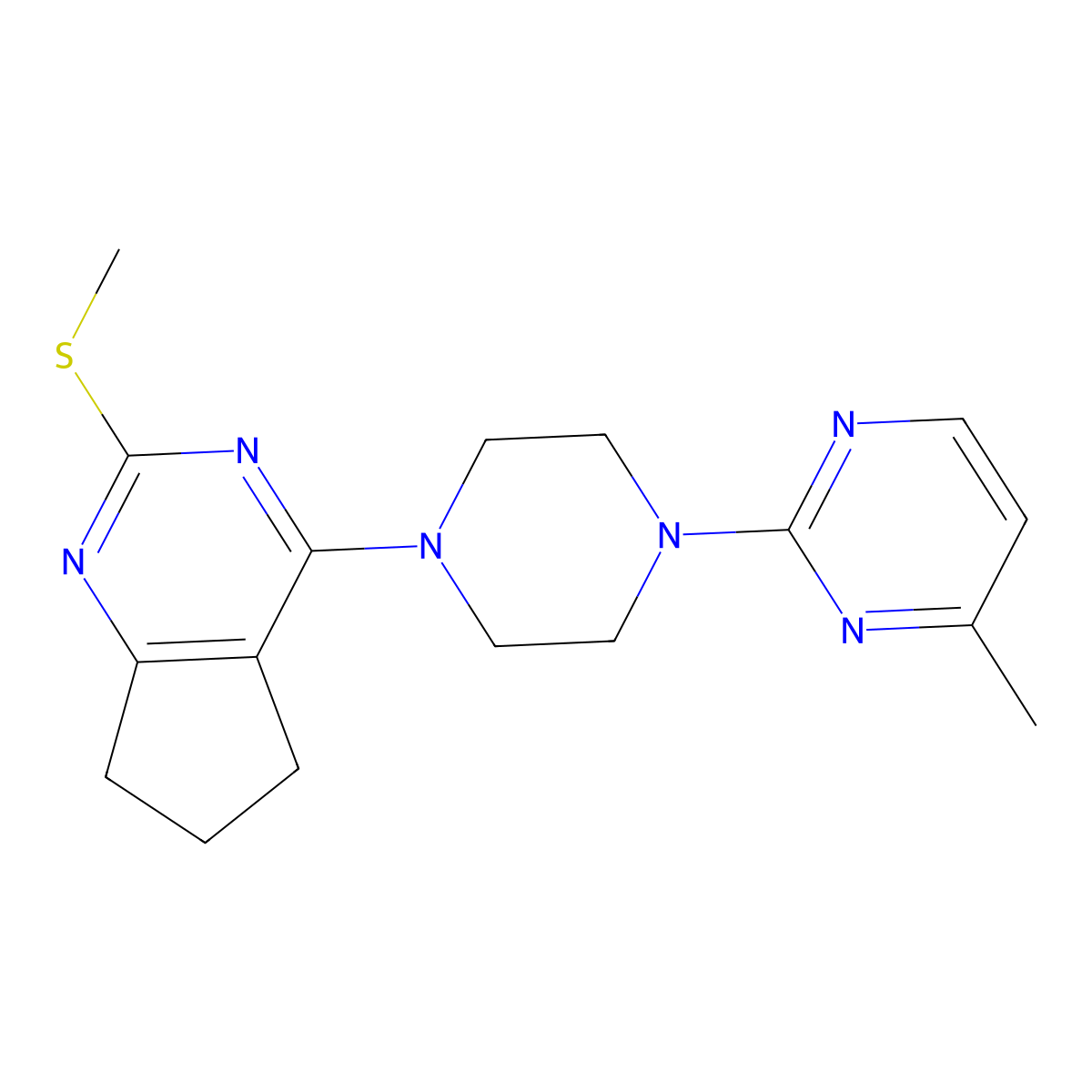 4-methyl-2-{4-[2-(methylsulfanyl)-5H,6H,7H-cyclopenta[d]pyrimidin-4-yl]piperazin-1-yl}pyrimidine molecular structure, CAS 2640898-43-5