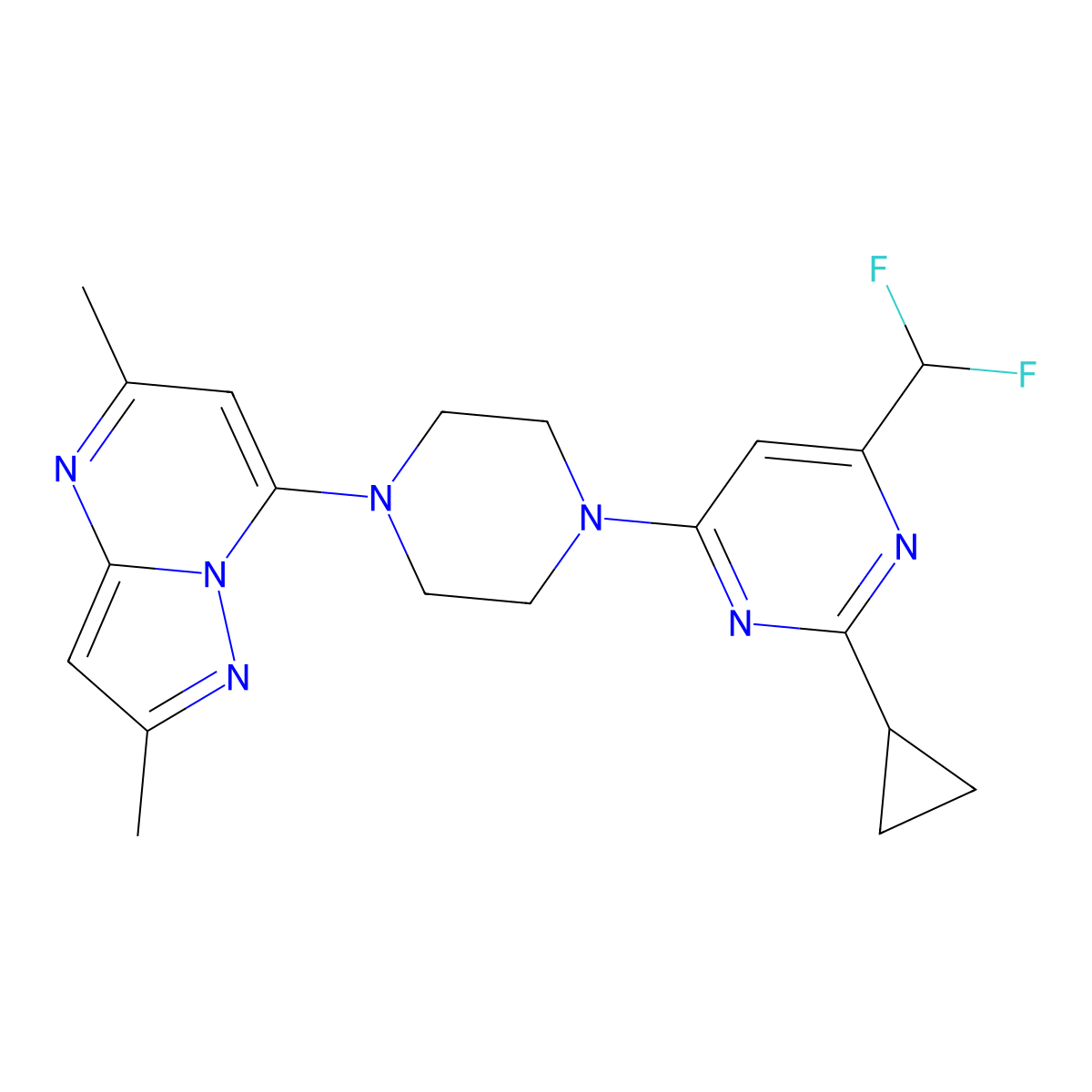 2-Cyclopropyl-4-(difluoromethyl)-6-(4-{2,5-dimethylpyrazolo[1,5-a]pyrimidin-7-yl}piperazin-1-yl)pyrimidine molecular structure, CAS 2640898-47-9