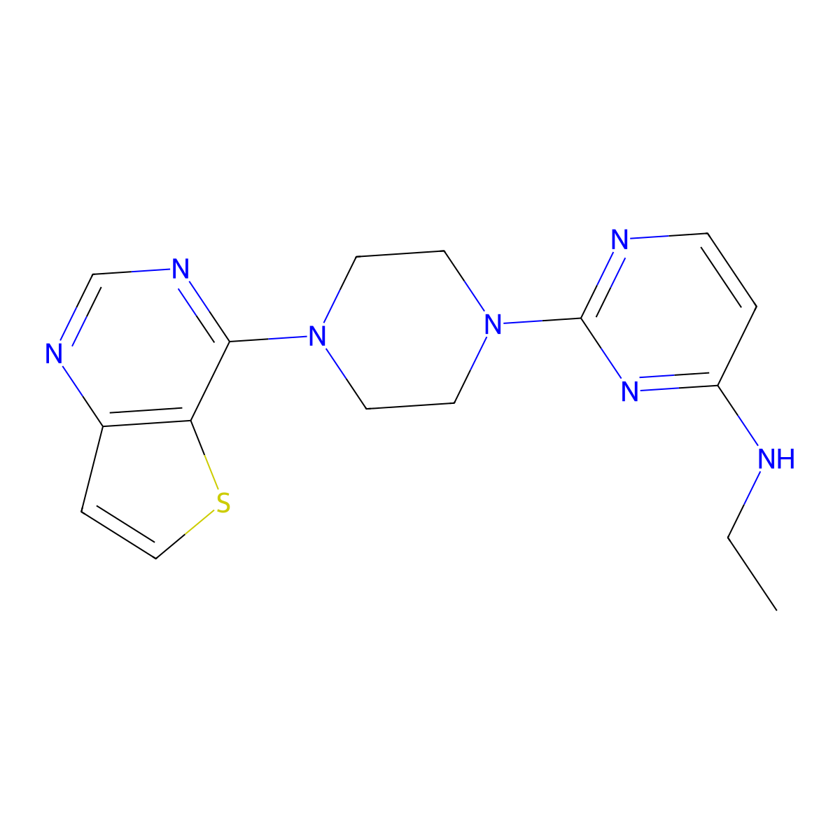 N-ethyl-2-(4-{thieno[3,2-d]pyrimidin-4-yl}piperazin-1-yl)pyrimidin-4-amine molecular structure, CAS 2640898-48-0