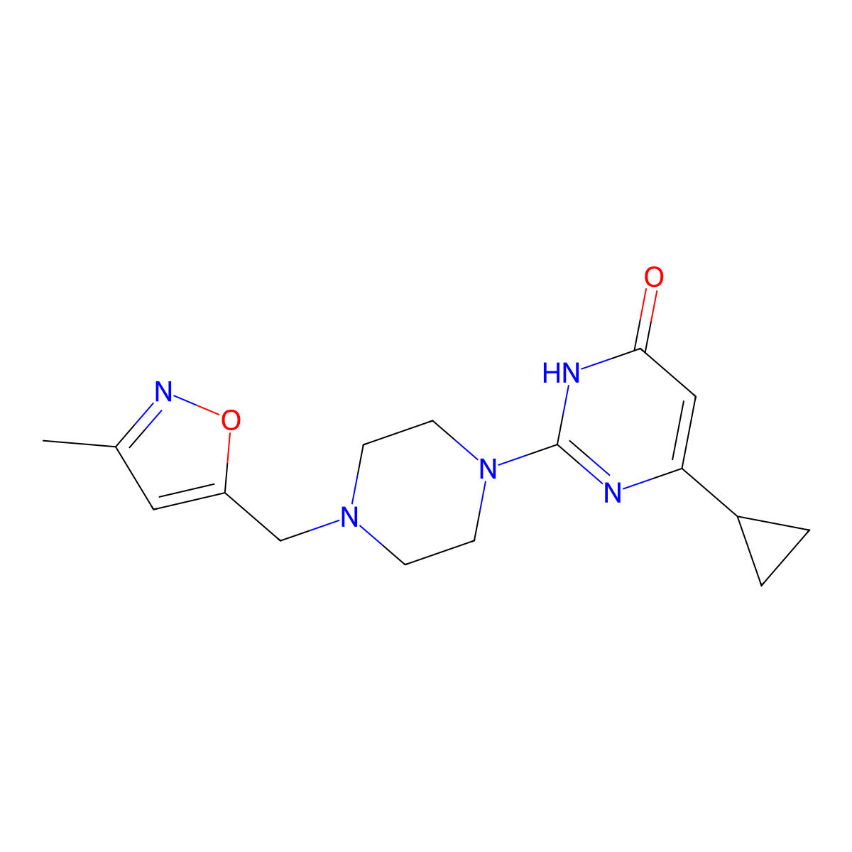 6-Cyclopropyl-2-{4-[(3-methyl-1,2-oxazol-5-yl)methyl]piperazin-1-yl}-3,4-dihydropyrimidin-4-one molecular structure, CAS 2640898-49-1