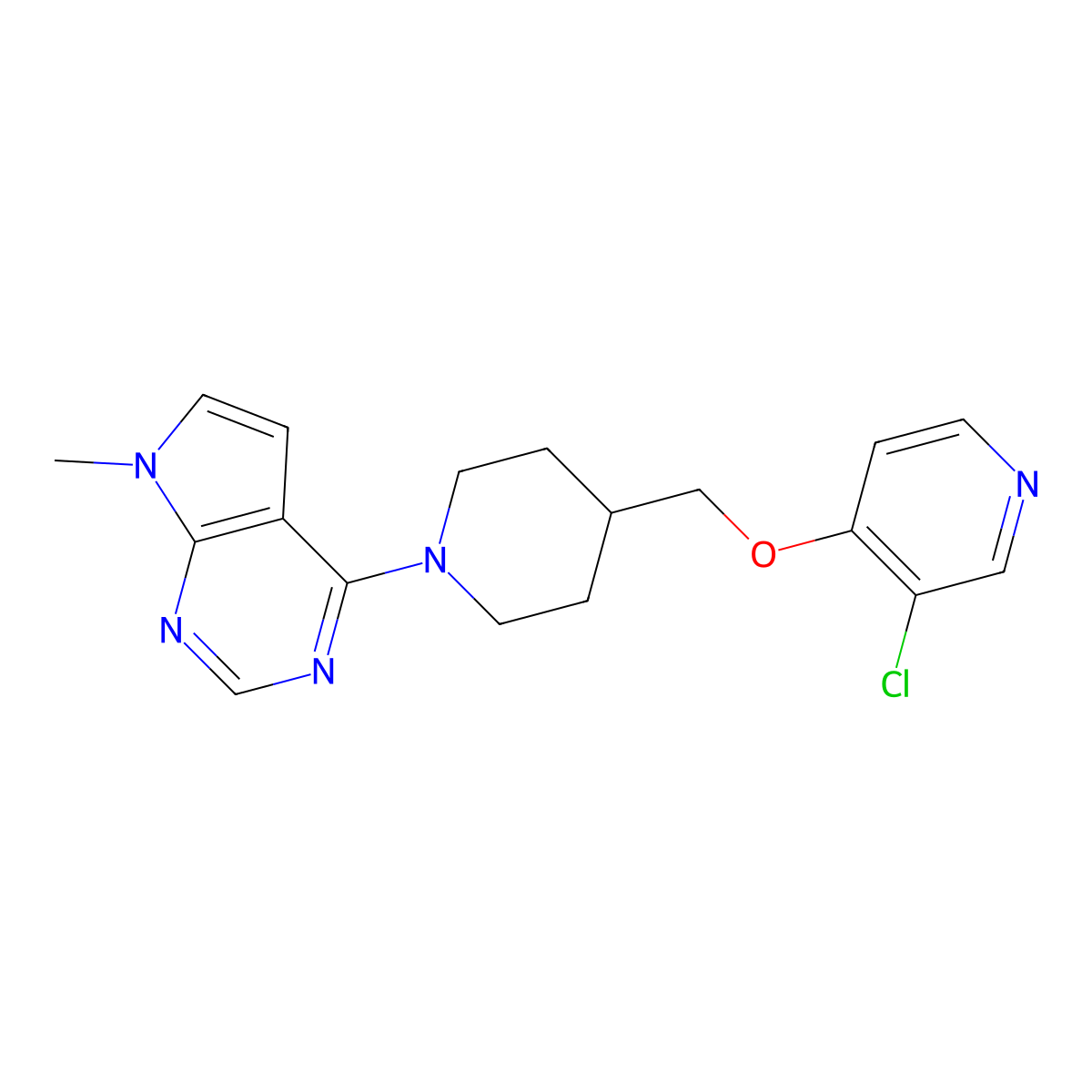 3-chloro-4-[(1-{7-methyl-7H-pyrrolo[2,3-d]pyrimidin-4-yl}piperidin-4-yl)methoxy]pyridine molecular structure, CAS 2640898-56-0
