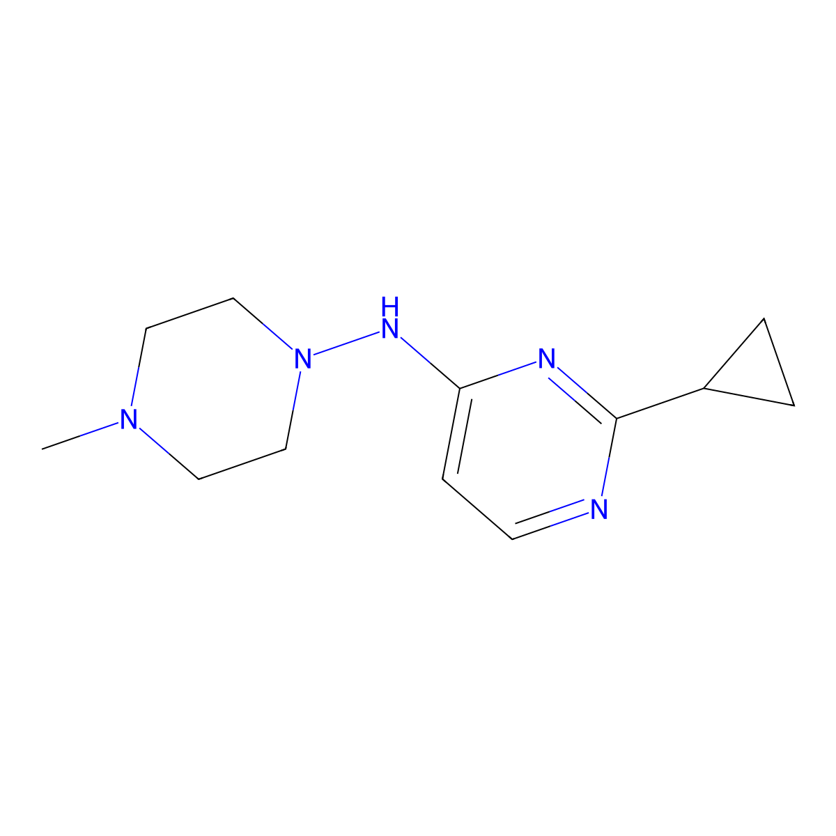 2-cyclopropyl-N-(4-methylpiperazin-1-yl)pyrimidin-4-amine molecular structure, CAS 2640898-61-7