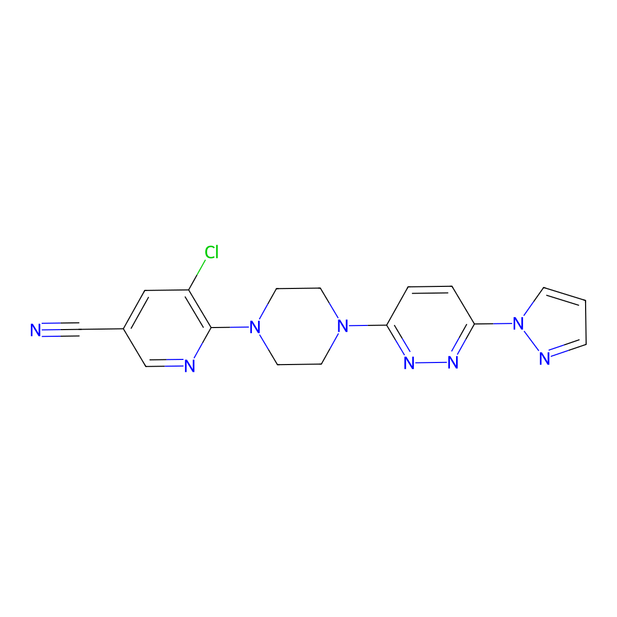 5-chloro-6-{4-[6-(1H-pyrazol-1-yl)pyridazin-3-yl]piperazin-1-yl}pyridine-3-carbonitrile molecular structure, CAS 2640898-67-3