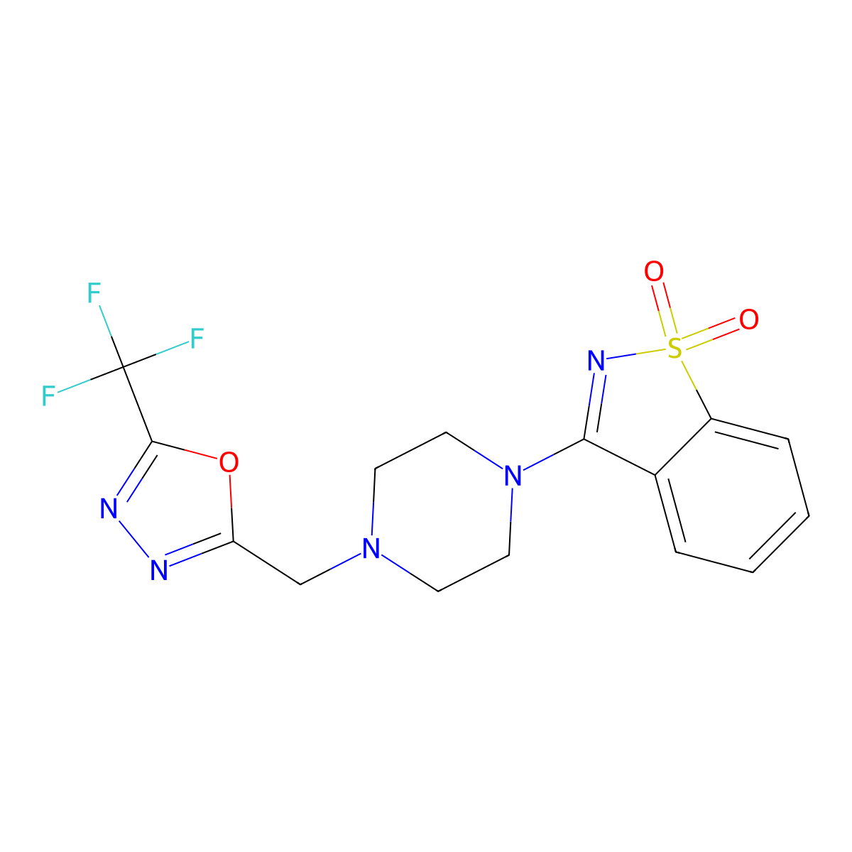 3-[4-[[5-(Trifluoromethyl)-1,3,4-oxadiazol-2-yl]methyl]piperazin-1-yl]-1,2-benzothiazole 1,1-dioxide molecular structure, CAS 2640898-70-8