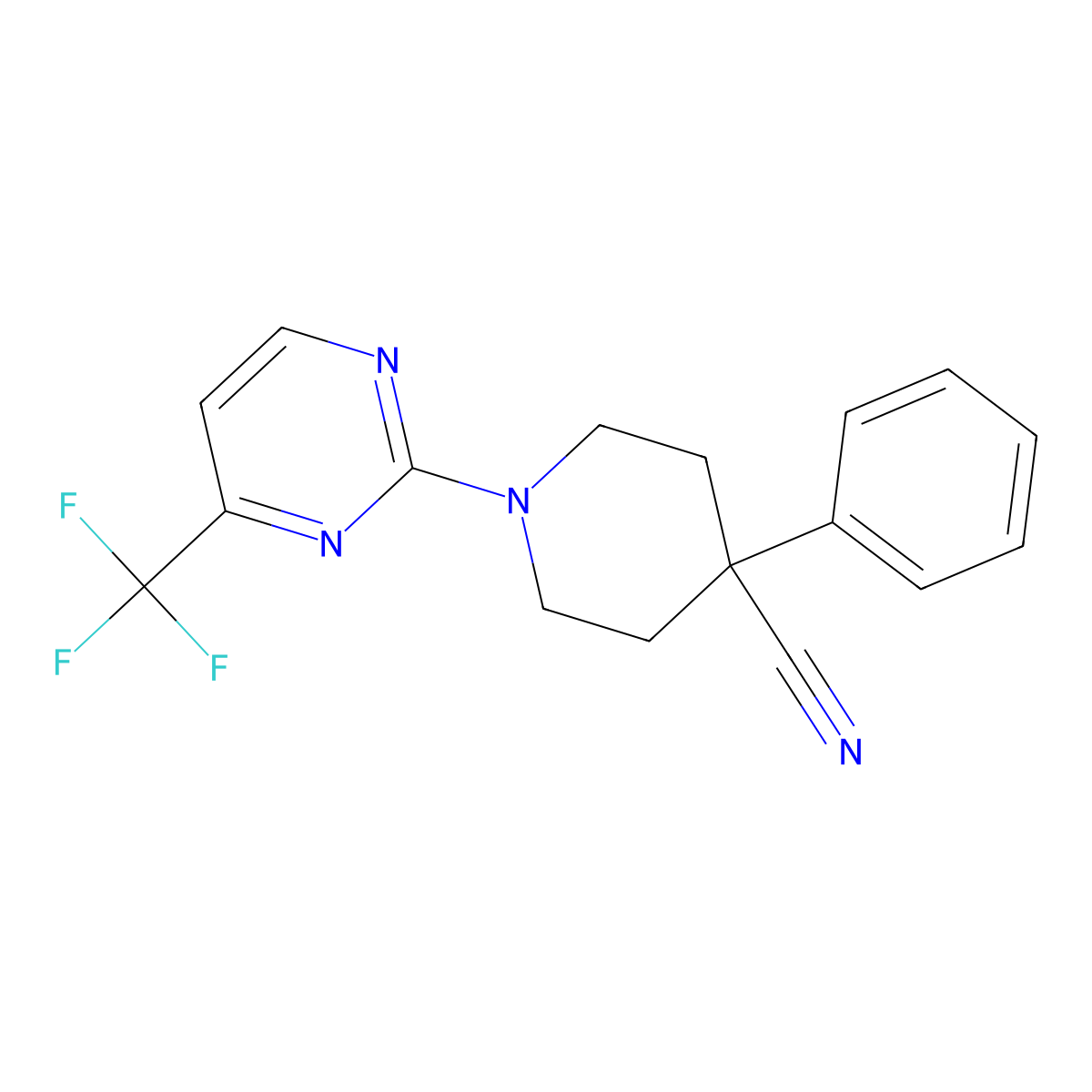 4-Phenyl-1-[4-(trifluoromethyl)pyrimidin-2-yl]piperidine-4-carbonitrile molecular structure, CAS 2640898-72-0