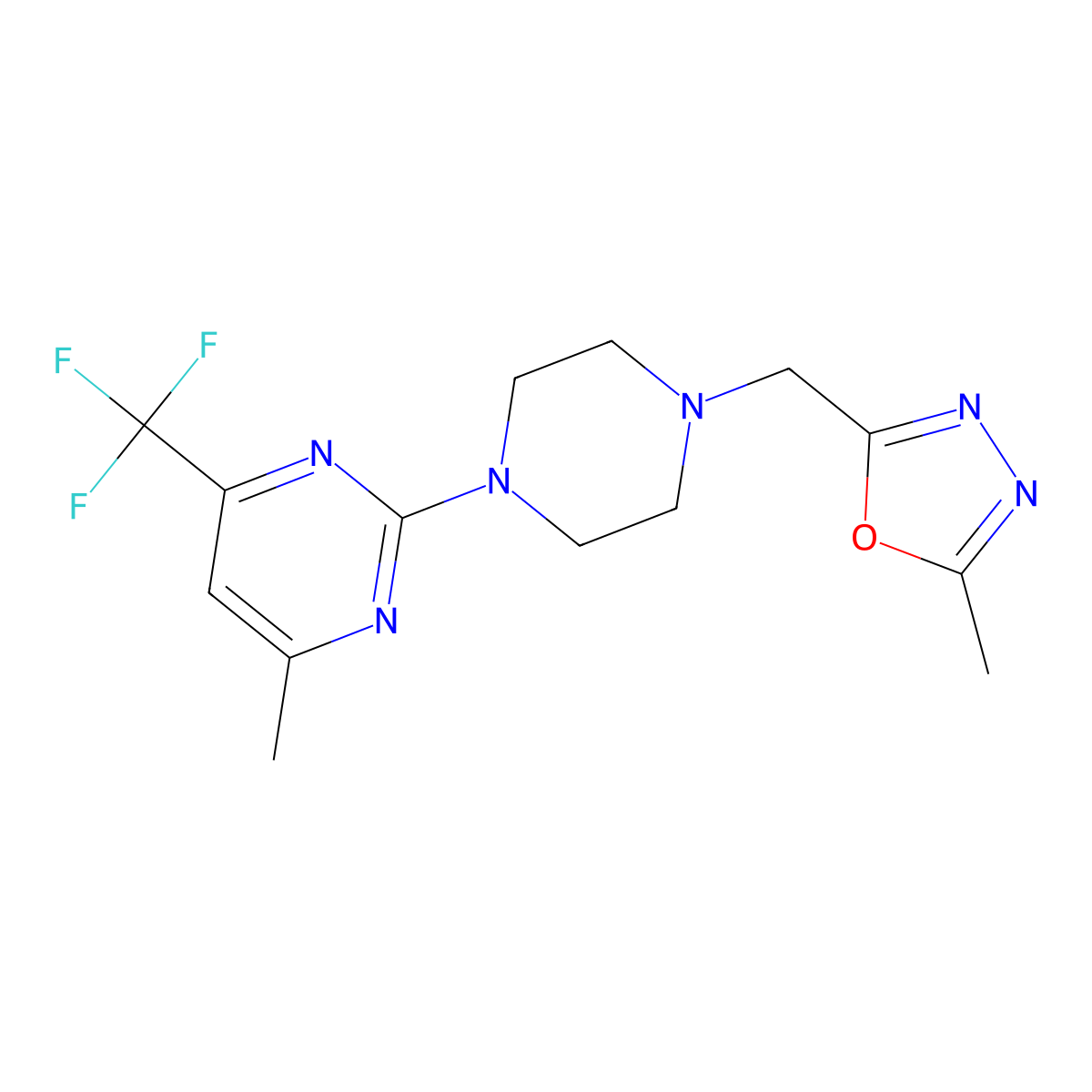 4-Methyl-2-{4-[(5-methyl-1,3,4-oxadiazol-2-yl)methyl]piperazin-1-yl}-6-(trifluoromethyl)pyrimidine molecular structure, CAS 2640898-73-1