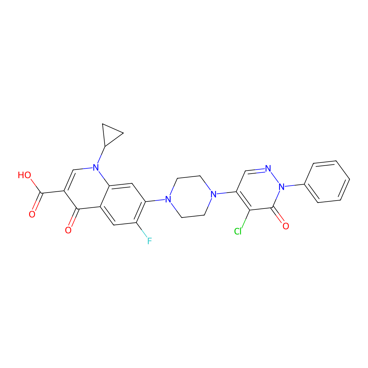 7-[4-(5-Chloro-6-oxo-1-phenyl-1,6-dihydropyridazin-4-yl)piperazin-1-yl]-1-cyclopropyl-6-fluoro-4-oxo-1,4-dihydroquinoline-3-carboxylic acid molecular structure, CAS 2640898-74-2