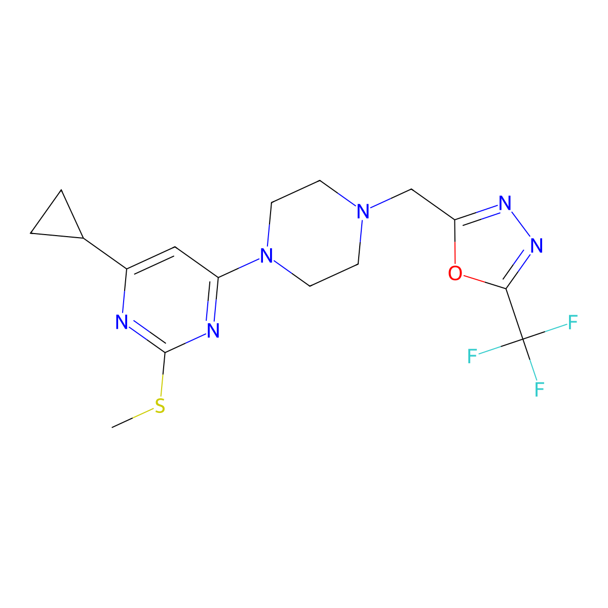 4-Cyclopropyl-2-(methylsulfanyl)-6-(4-{[5-(trifluoromethyl)-1,3,4-oxadiazol-2-yl]methyl}piperazin-1-yl)pyrimidine molecular structure, CAS 2640898-75-3