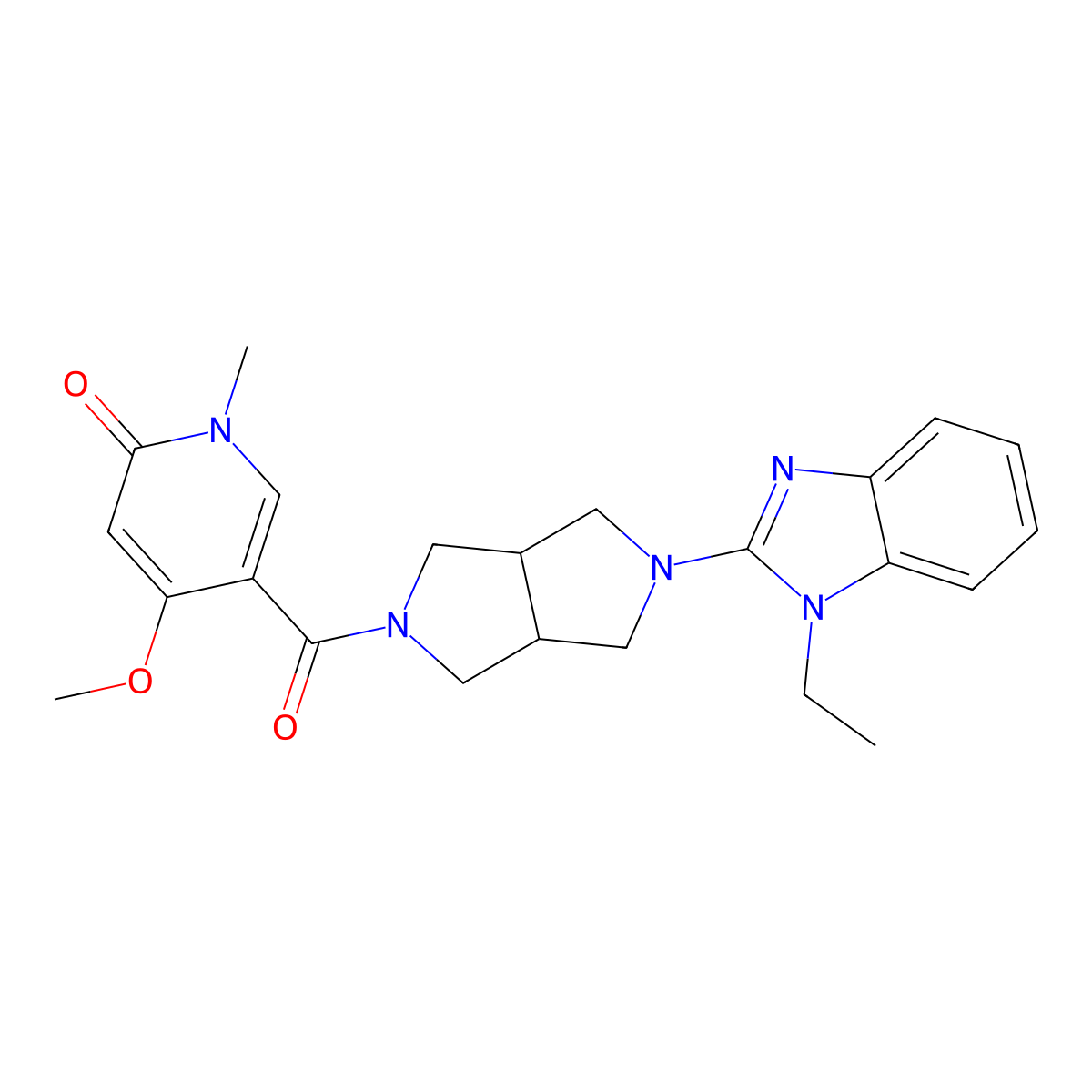 5-[5-(1-ethyl-1H-1,3-benzodiazol-2-yl)-octahydropyrrolo[3,4-c]pyrrole-2-carbonyl]-4-methoxy-1-methyl-1,2-dihydropyridin-2-one molecular structure, CAS 2640898-80-0