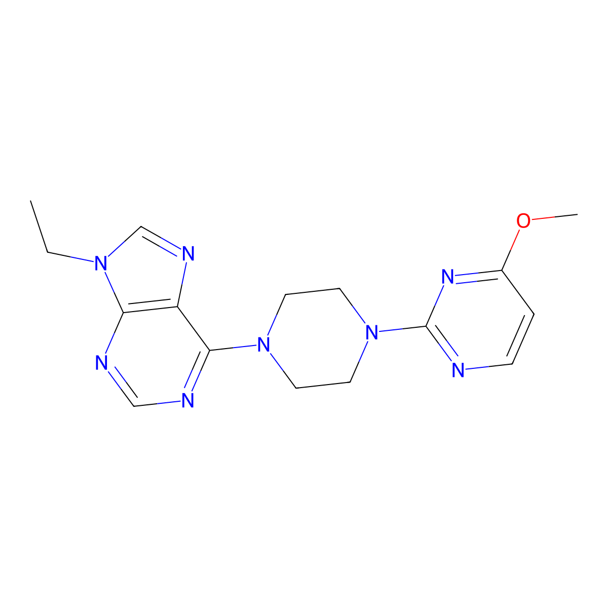 9-ethyl-6-[4-(4-methoxypyrimidin-2-yl)piperazin-1-yl]-9H-purine molecular structure, CAS 2640898-85-5