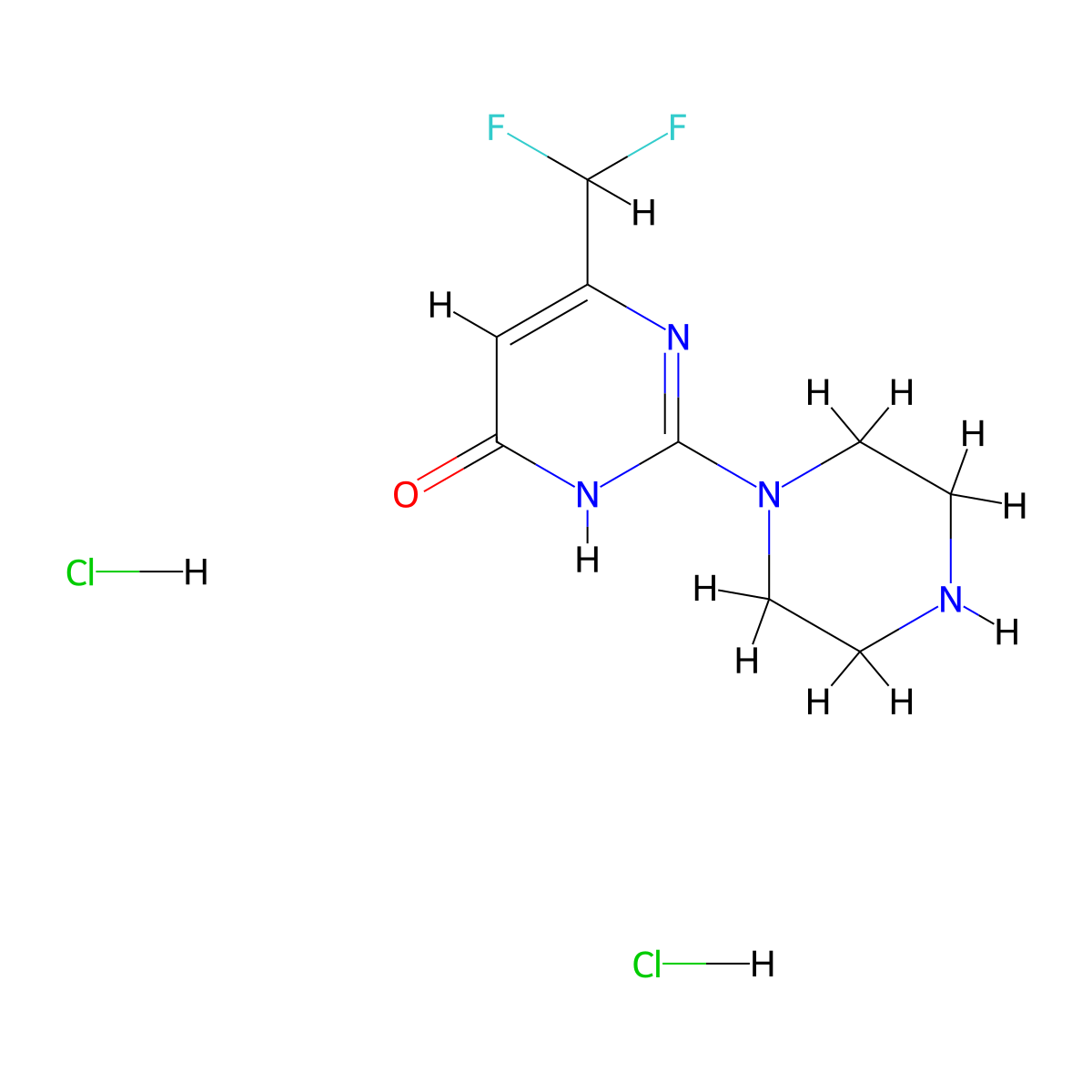 6-(Difluoromethyl)-2-(piperazin-1-yl)-3,4-dihydropyrimidin-4-one dihydrochloride molecular structure, CAS 2640898-90-2